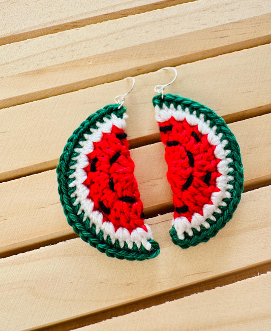 Crochet Watermelon Earrings: Handmade Cotton Yarn, Sterling Silver Hooks