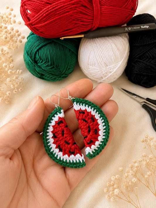 Crochet Watermelon Earrings, Sterling Silver Hooks, Fruit Jewelry, Glasses Holder Set __etsy:8115954811