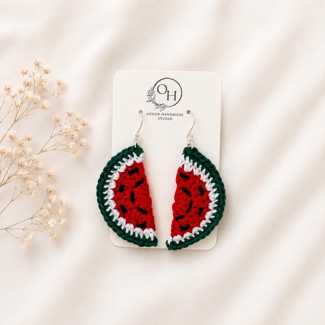 Crochet Watermelon Earrings, Sterling Silver Hooks, Fruit Jewelry, Glasses Holder Set __etsy:8102678247