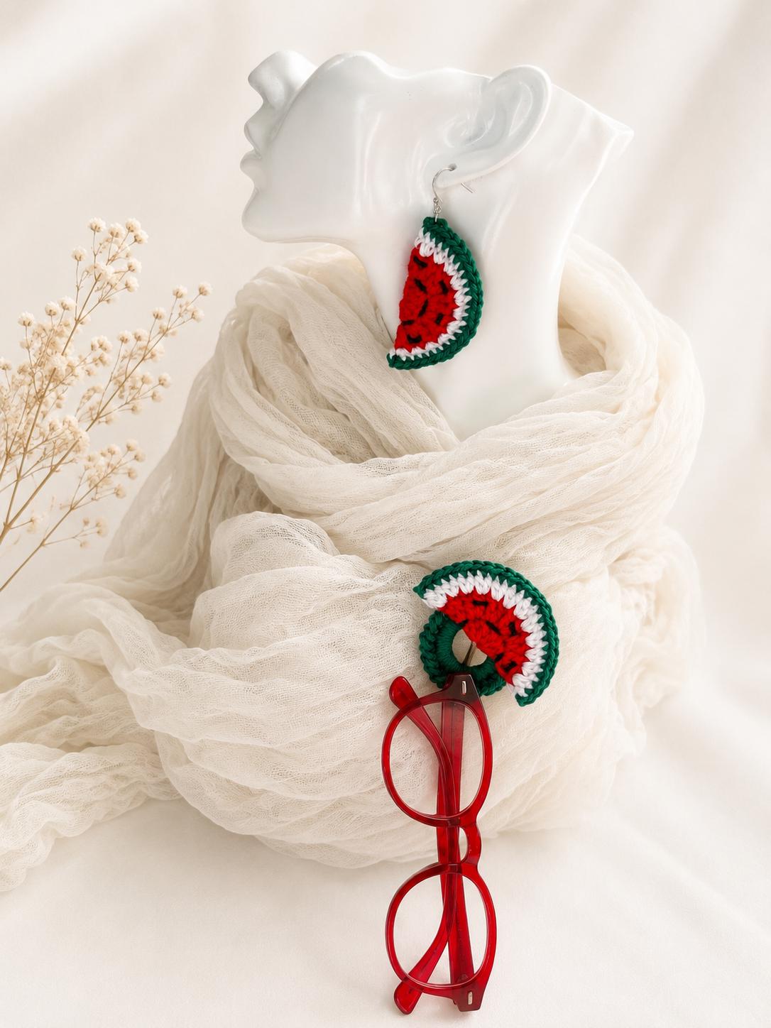 Crochet Watermelon Earrings, Sterling Silver Hooks, Fruit Jewelry, Glasses Holder Set __etsy:8102678255