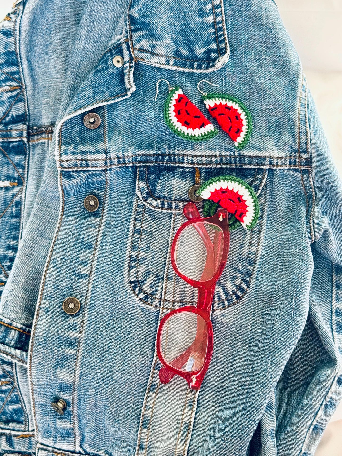 Crochet Watermelon Earrings, Sterling Silver Hooks, Fruit Jewelry, Glasses Holder Set __etsy:7995190143