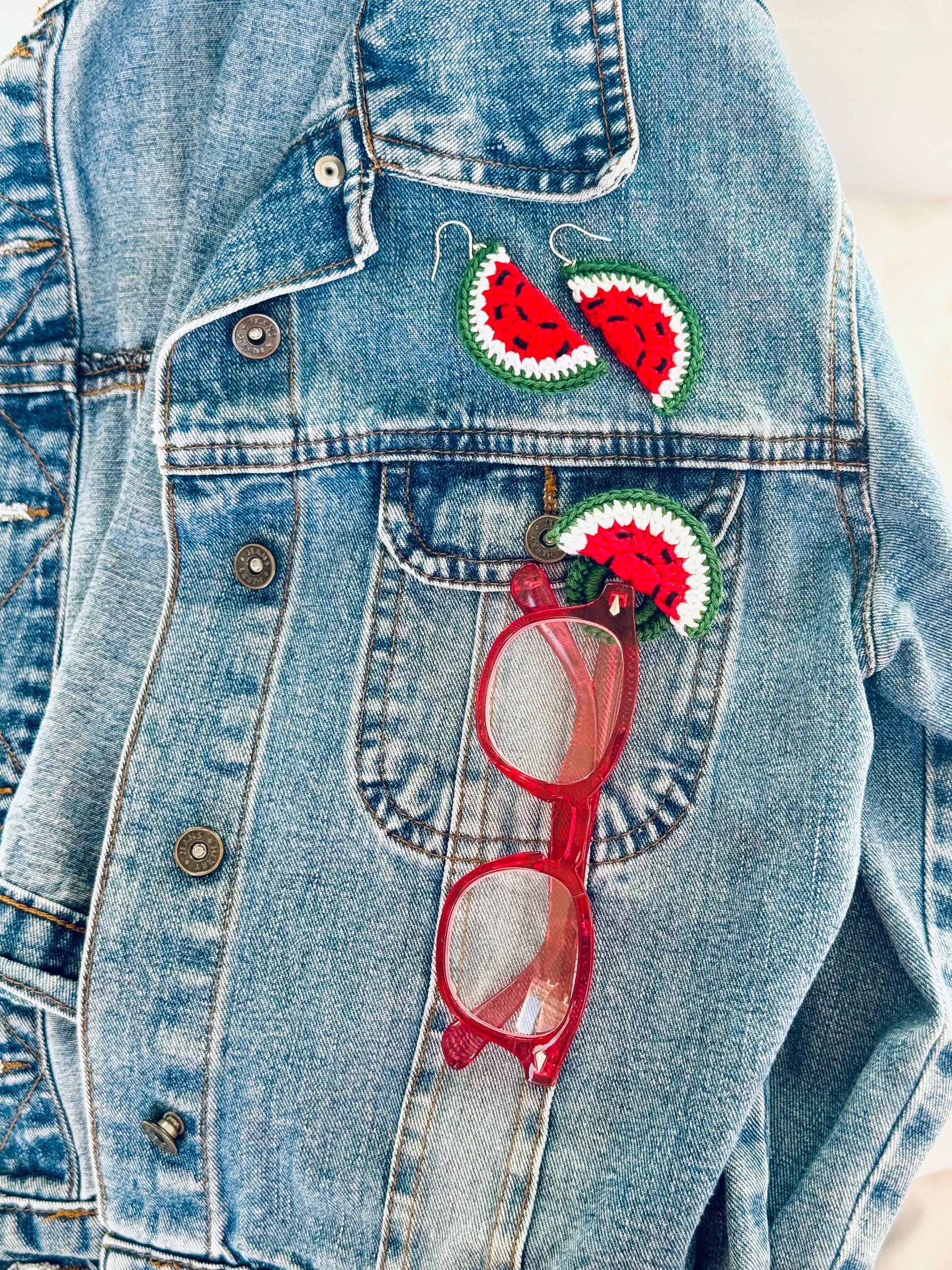 Crochet Watermelon Earrings, Sterling Silver Hooks, Fruit Jewelry, Glasses Holder Set __etsy:7995190143
