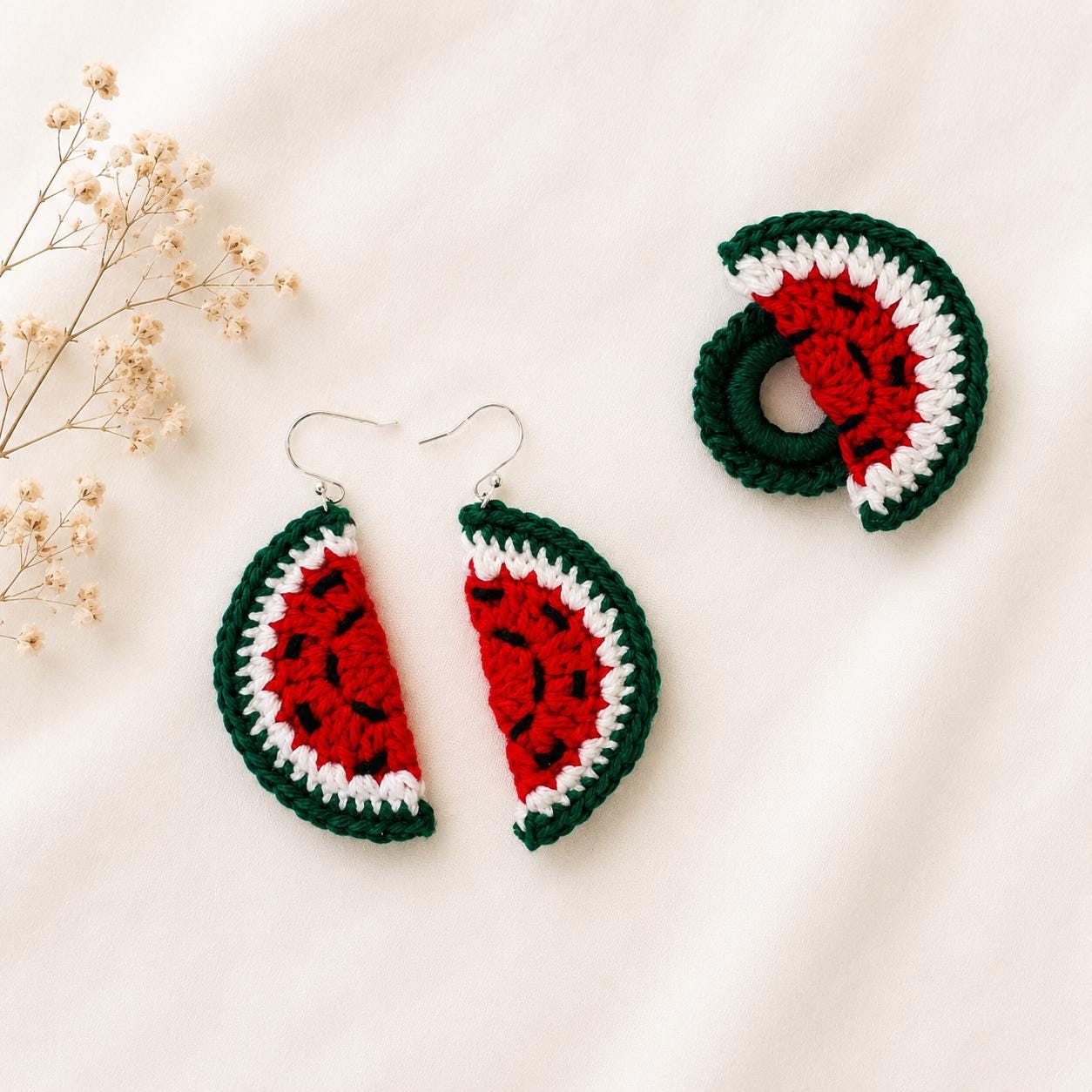 Crochet Watermelon Earrings, Sterling Silver Hooks, Fruit Jewelry, Glasses Holder Set __etsy:8102678249