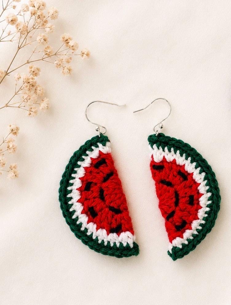 Crochet Watermelon Earrings, Sterling Silver Hooks, Fruit Jewelry, Glasses Holder Set __etsy:8110478451