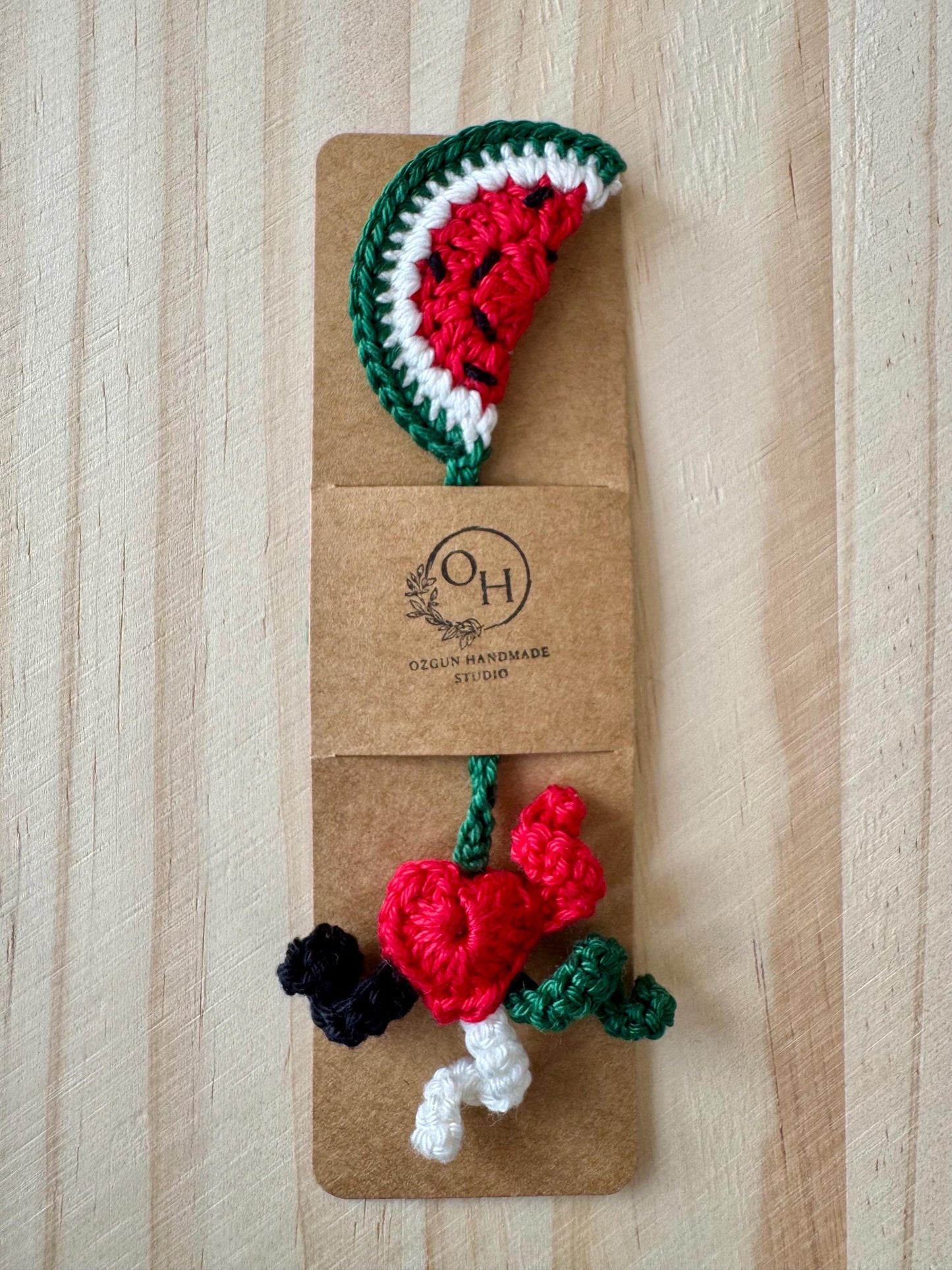 Crochet Watermelon Heart Bookmark: Palestinian Flag Colors, Car or Bag Charm