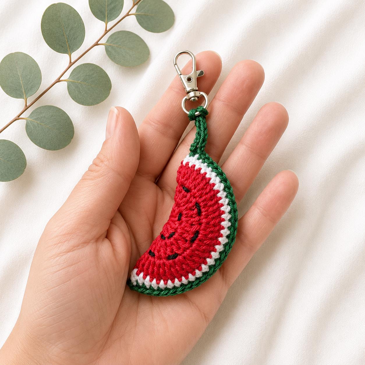 Crochet Watermelon Keychain, Cotton Fruit Bag Charm, Summer Accessory, Handmade keyring __etsy:8107491296