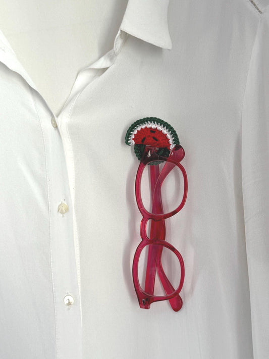 Crochet Watermelon Slice Glasses Holder Brooch, Crochet Fruit Pin, Summer Accessory