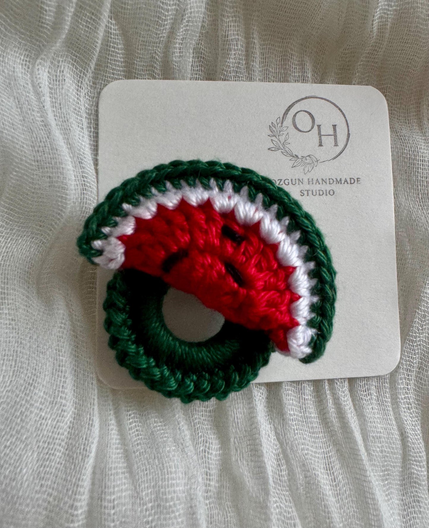 Crochet Watermelon Slice Glasses Holder Brooch, Crochet Fruit Pin, Summer Accessory