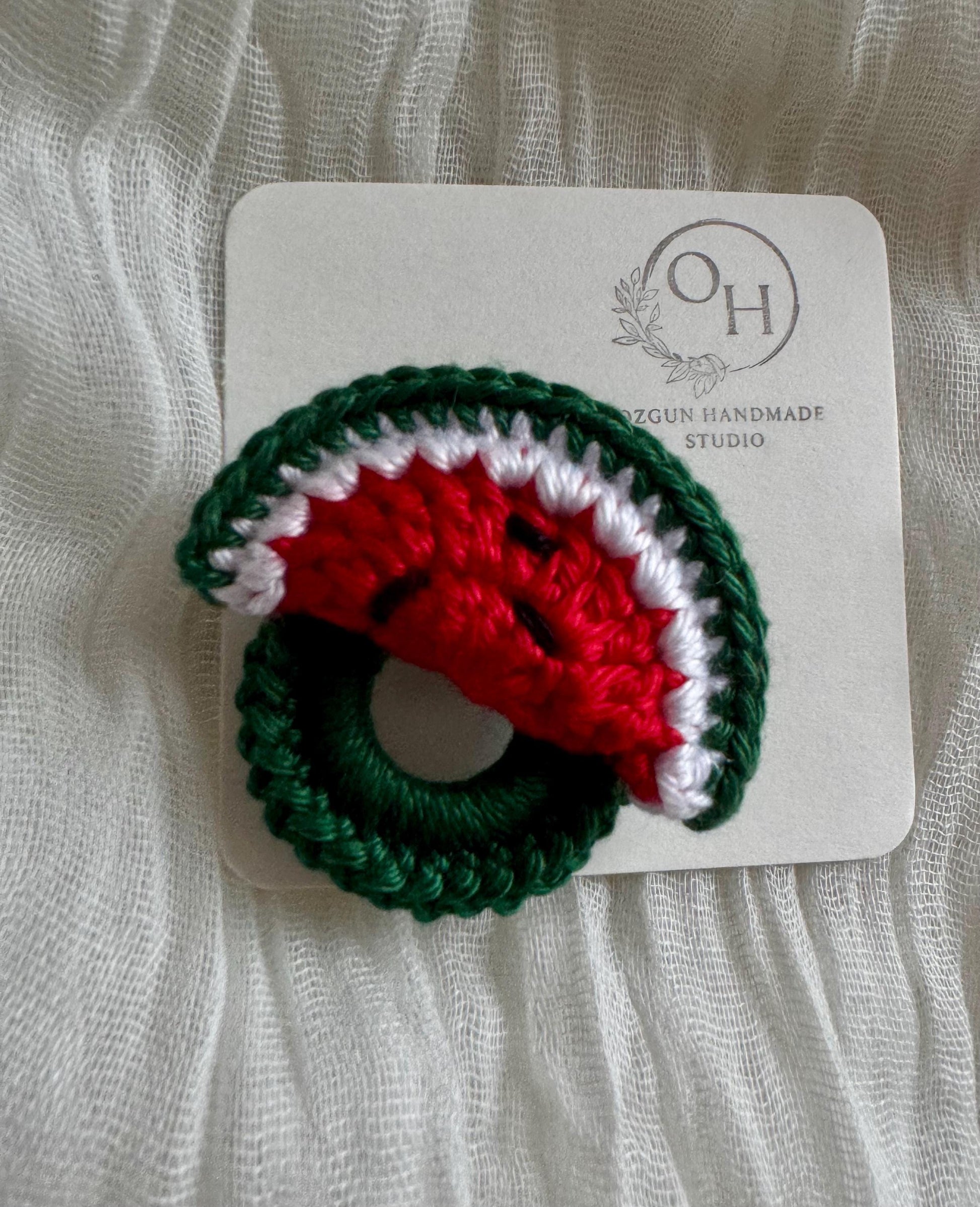 Crochet Watermelon Slice Glasses Holder Brooch, Crochet Fruit Pin, Summer Accessory