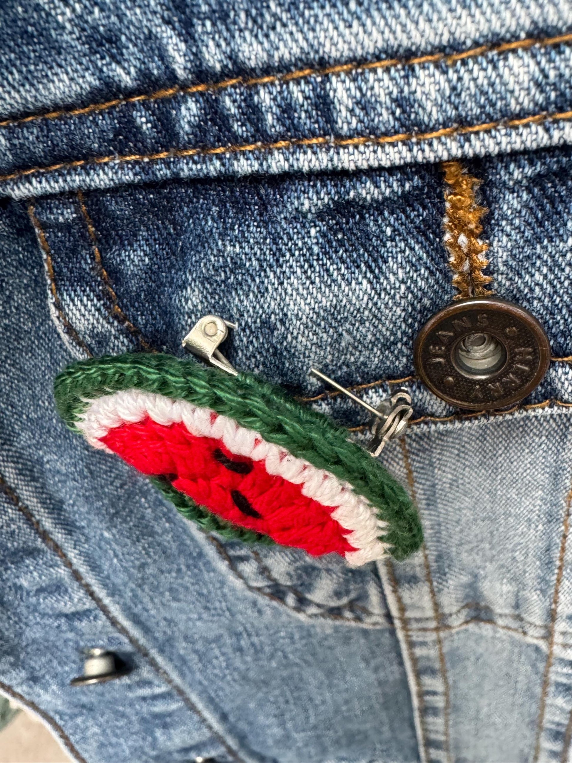 Crochet Watermelon Slice Glasses Holder Brooch, Crochet Fruit Pin, Summer Accessory
