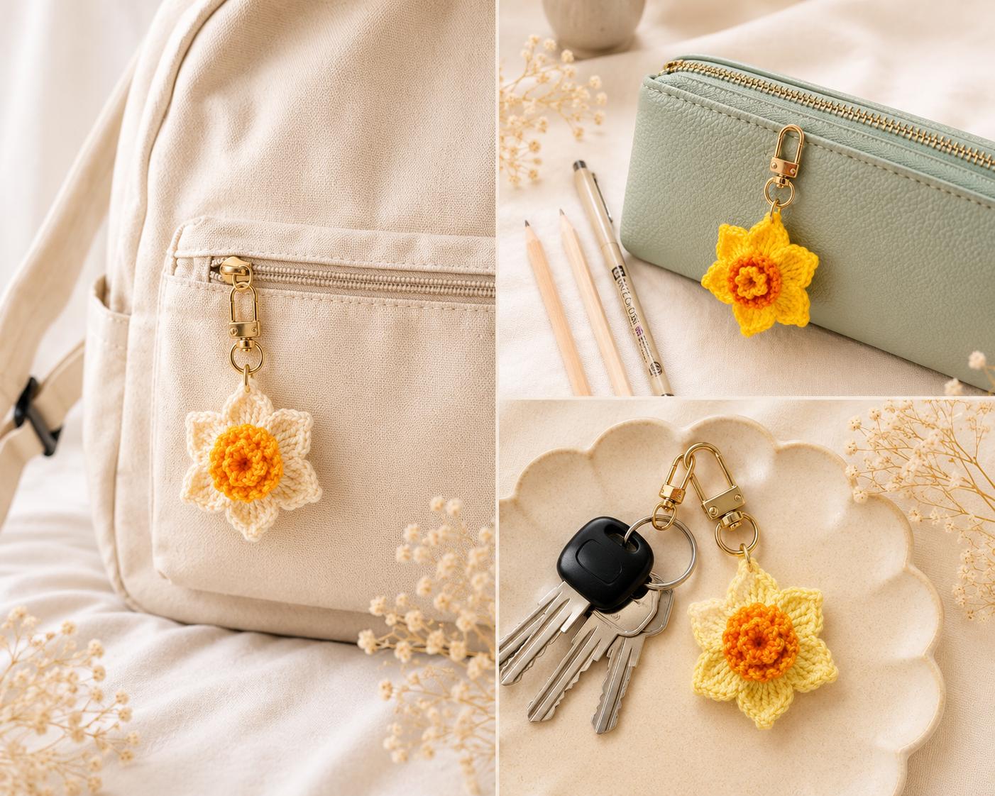 Crocheted Daffodil Zipper Charm, Handmade Flower Bag Accessory, Spring Floral Keychain Pull __etsy:8150898013