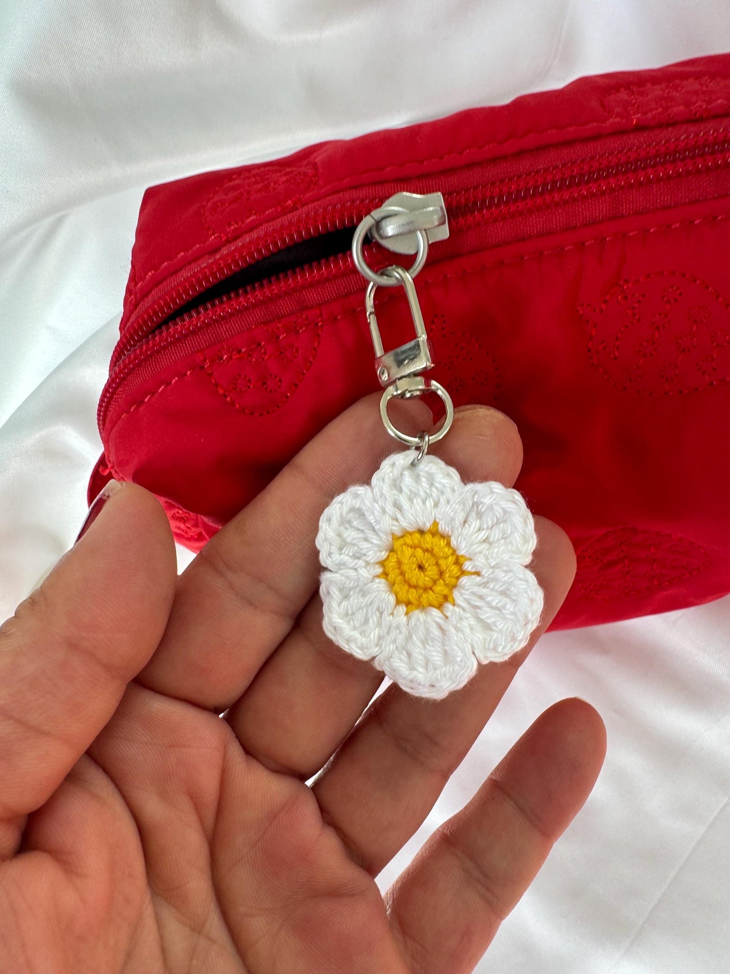 Crocheted Flower Bag Charm, Daisy Poppy Sunflower Zipper Pull, Cotton Yarn Keychain Accessory __etsy:8092195623