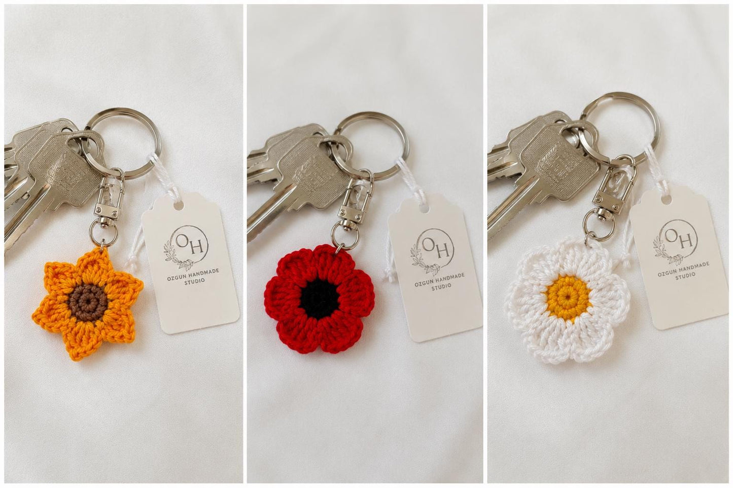 Crocheted Flower Bag Charm, Daisy Poppy Sunflower Zipper Pull, Cotton Yarn Keychain Accessory __etsy:8092196139