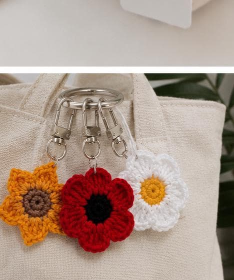 Crocheted Flower Bag Charm, Daisy Poppy Sunflower Zipper Pull, Cotton Yarn Keychain Accessory __etsy:8092195303