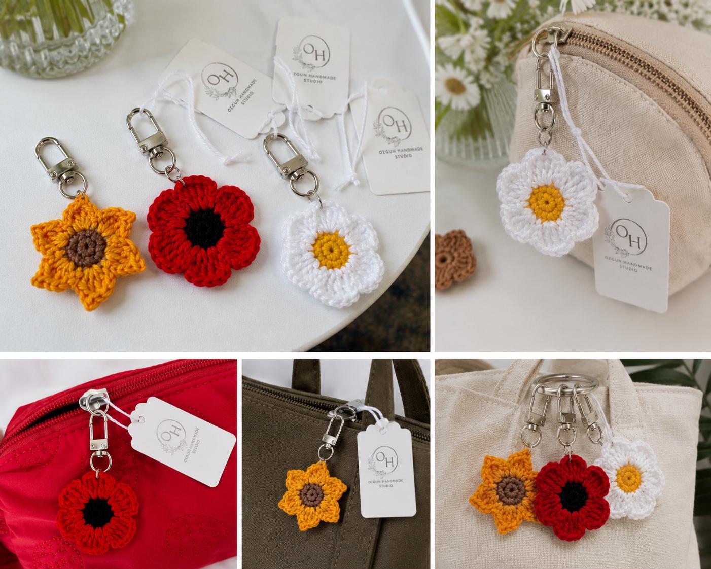 Crocheted Flower Bag Charm, Daisy Poppy Sunflower Zipper Pull, Cotton Yarn Keychain Accessory __etsy:8044283060