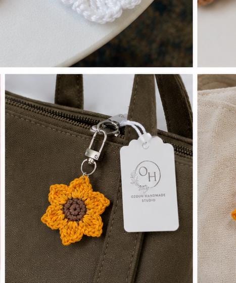 Crocheted Flower Bag Charm, Daisy Poppy Sunflower Zipper Pull, Cotton Yarn Keychain Accessory __etsy:8044282318