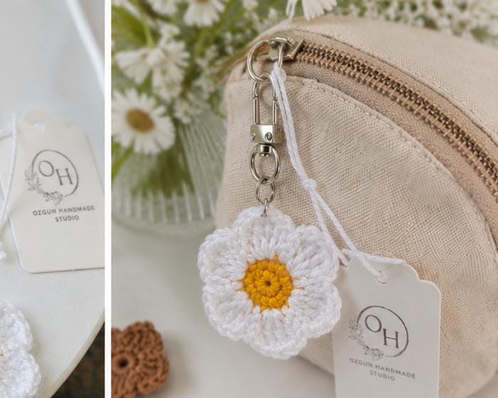 Crocheted Flower Bag Charm, Daisy Poppy Sunflower Zipper Pull, Cotton Yarn Keychain Accessory __etsy:8092195265