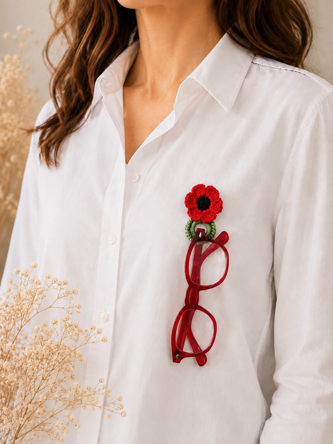 Crochet Poppy Glasses Holder Brooch, Handmade Floral Eyeglass Accessory