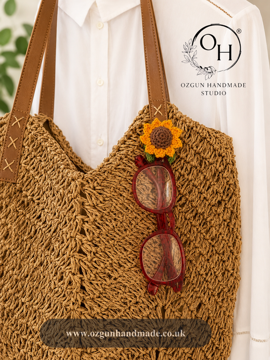Crochet Sunflower Glasses Holder Brooch with Hidden Wide Loop – Padded Flower Eyeglass Holder for Shirt, Bag & Hat