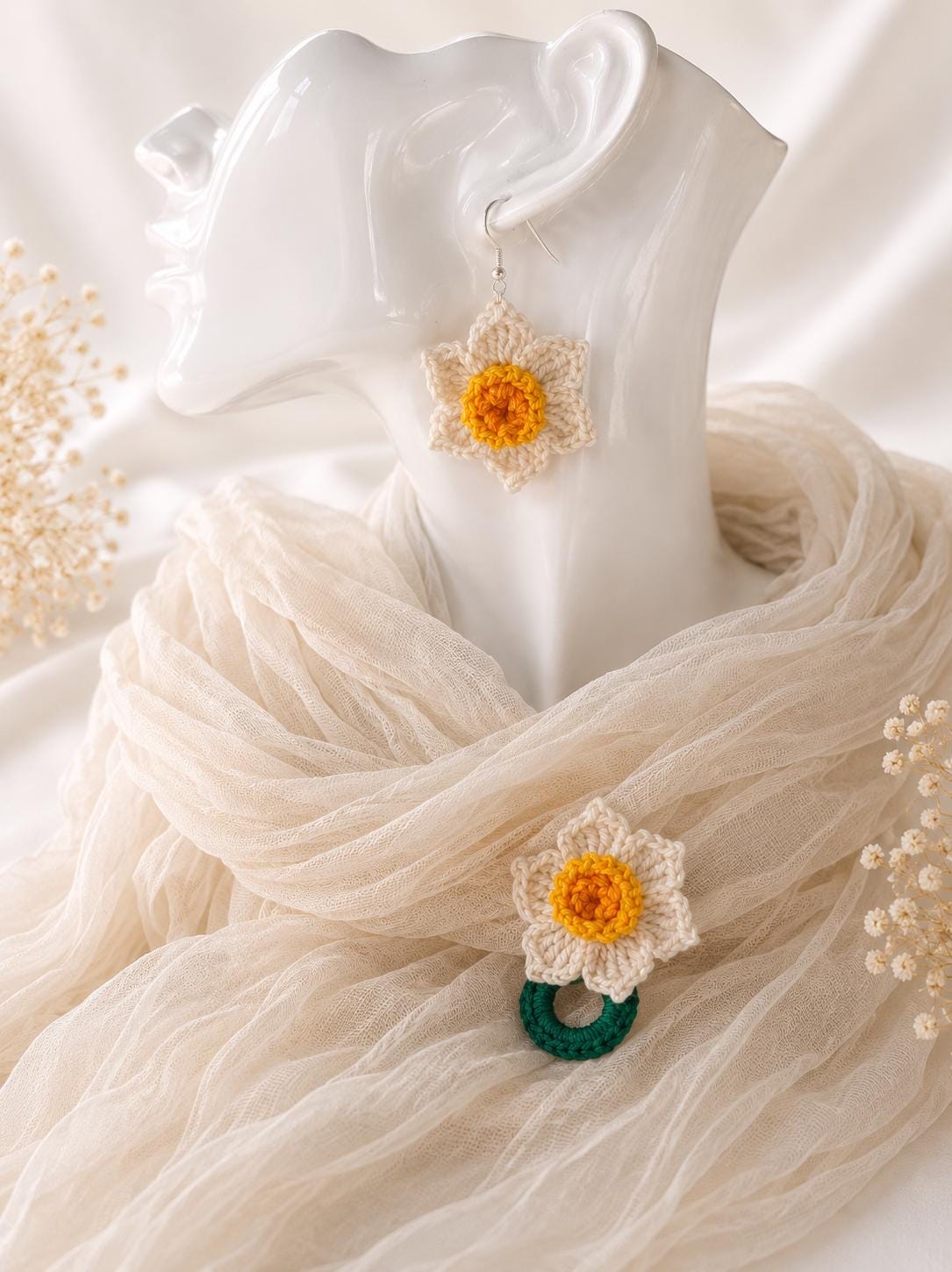 Daffodil Crochet Earrings, Sterling Silver Hooks, Floral Jewelry, Choose Colour __etsy:8054521350