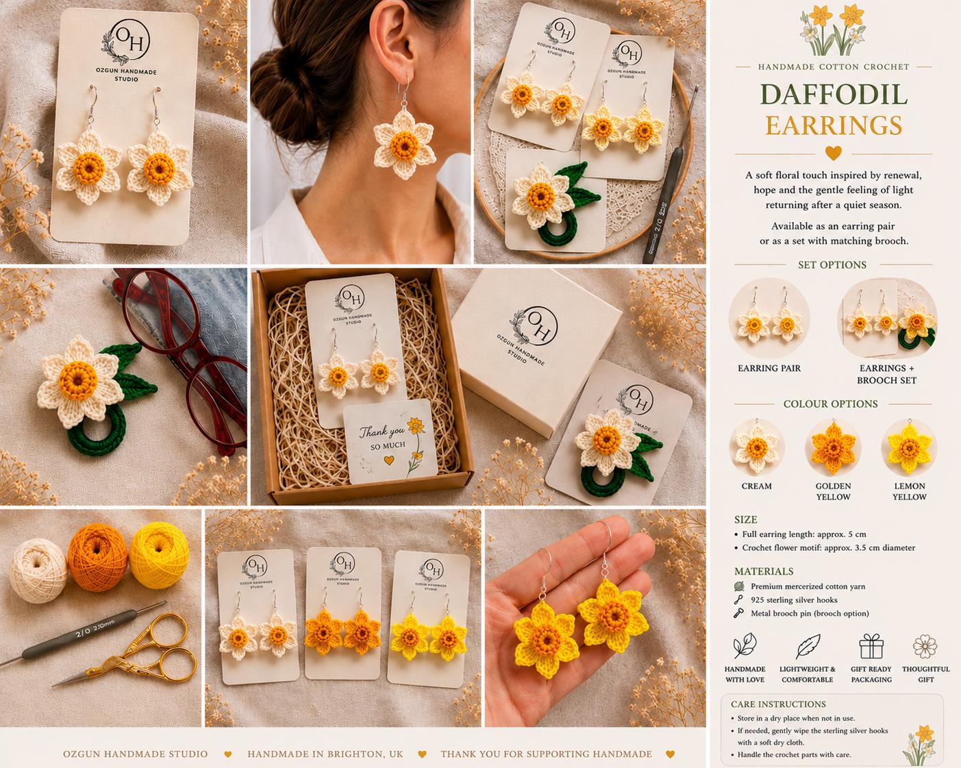 Daffodil Crochet Earrings, Sterling Silver Hooks, Floral Jewelry, Choose Colour __etsy:8098542347
