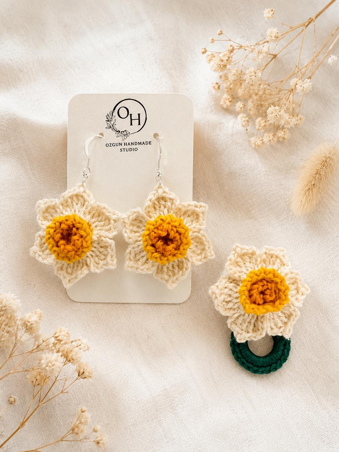 Daffodil Crochet Earrings, Sterling Silver Hooks, Floral Jewelry, Choose Colour __etsy:8102406555