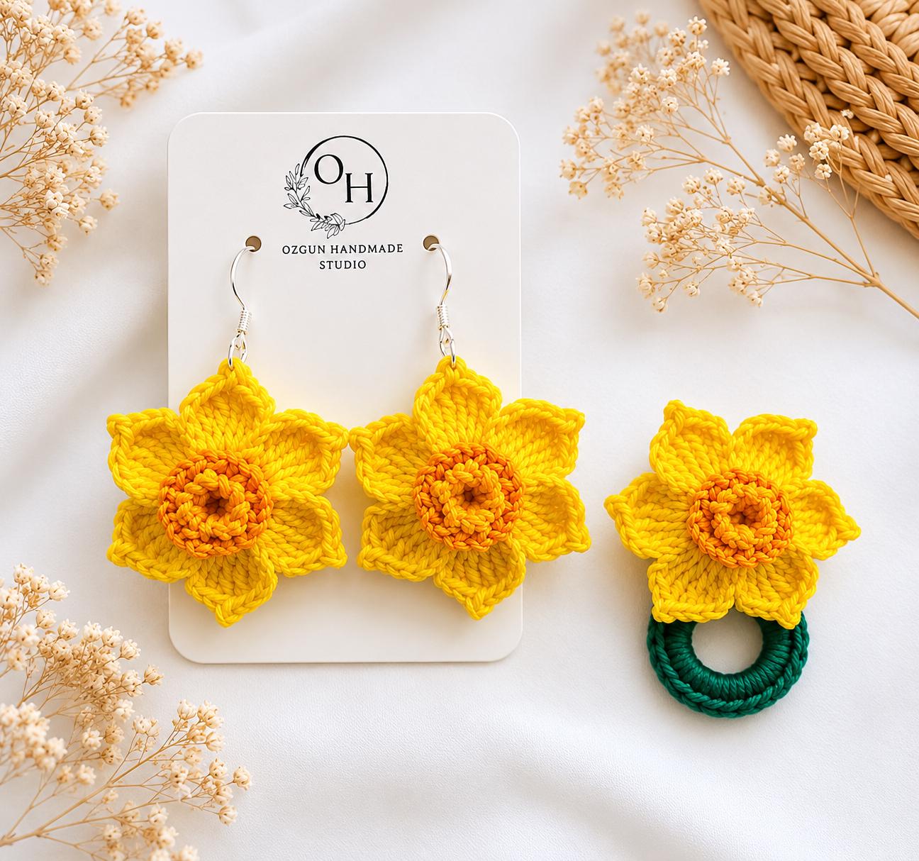 Daffodil Crochet Earrings, Sterling Silver Hooks, Floral Jewelry, Choose Colour __etsy:8054494610