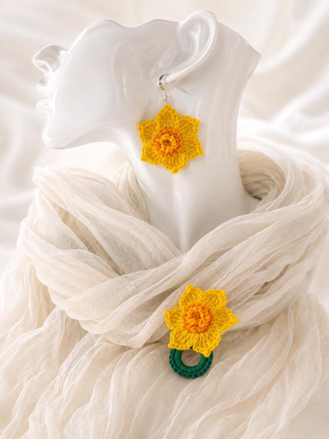 Daffodil Crochet Earrings, Sterling Silver Hooks, Floral Jewelry, Choose Colour __etsy:8054521290