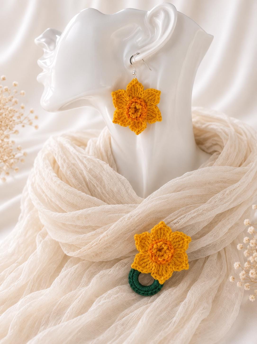Daffodil Crochet Earrings, Sterling Silver Hooks, Floral Jewelry, Choose Colour __etsy:8102434635