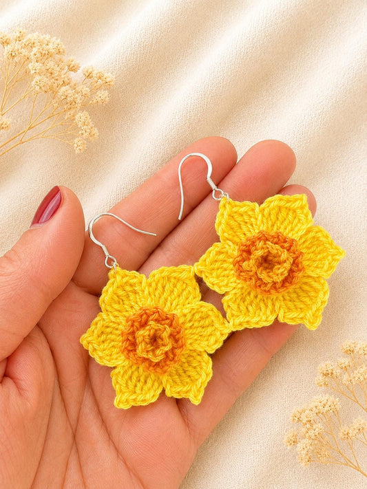 Daffodil Crochet Earrings, Sterling Silver Hooks, Floral Jewelry, Choose Colour __etsy:8115960123
