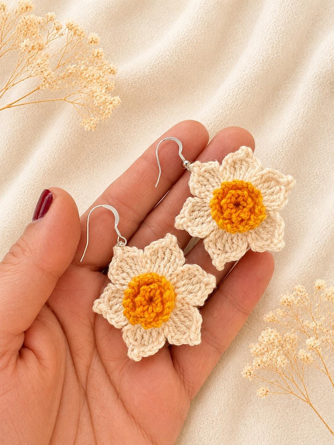 Daffodil Crochet Earrings, Sterling Silver Hooks, Floral Jewelry, Choose Colour __etsy:8115960071
