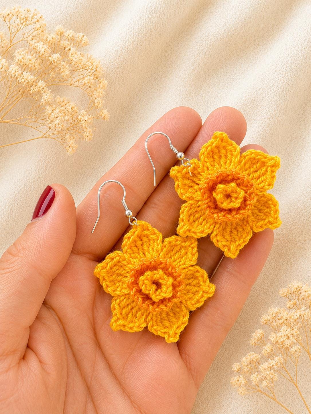 Daffodil Crochet Earrings, Sterling Silver Hooks, Floral Jewelry, Choose Colour __etsy:8115960087