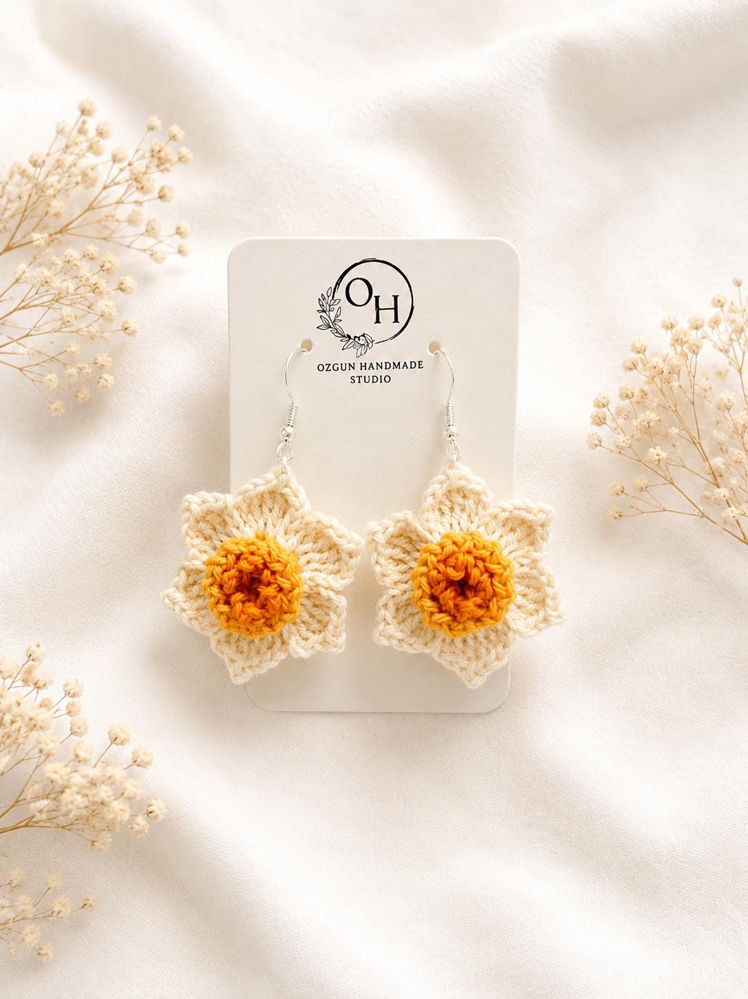 Daffodil Crochet Earrings, Sterling Silver Hooks, Floral Jewelry, Choose Colour __etsy:8102434589