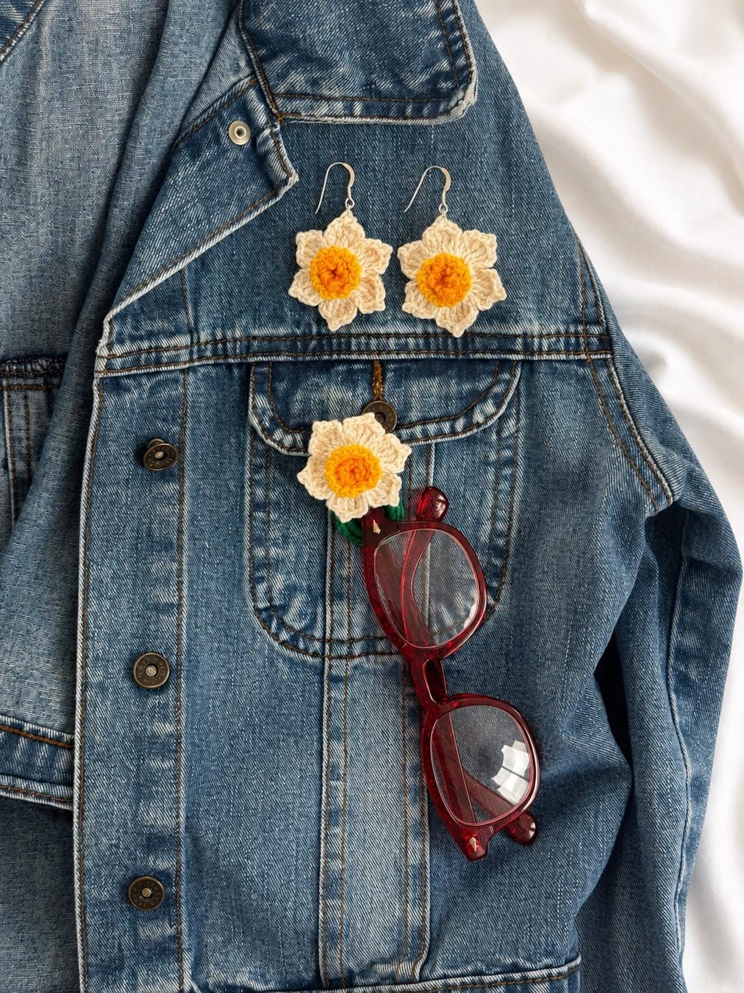 Daffodil Crochet Earrings, Sterling Silver Hooks, Floral Jewelry, Choose Colour __etsy:8102444381