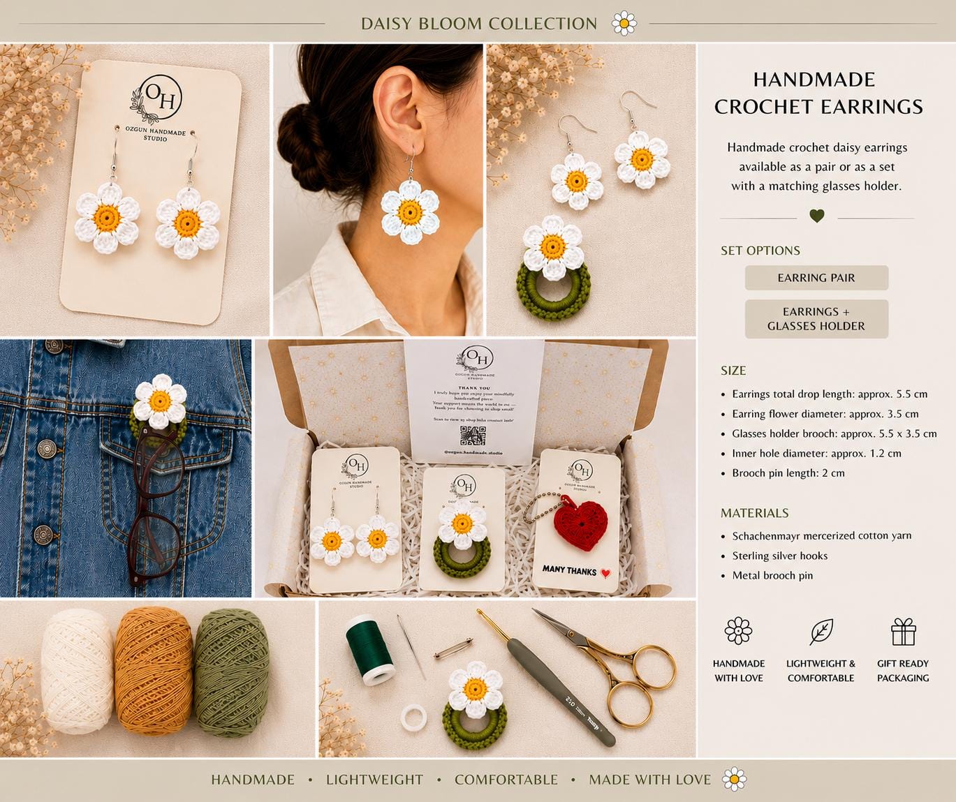 Daisy Earrings, Sterling Silver Hooks, Crochet Handmade Floral Jewellery, Brooch Set Option __etsy:8098530383