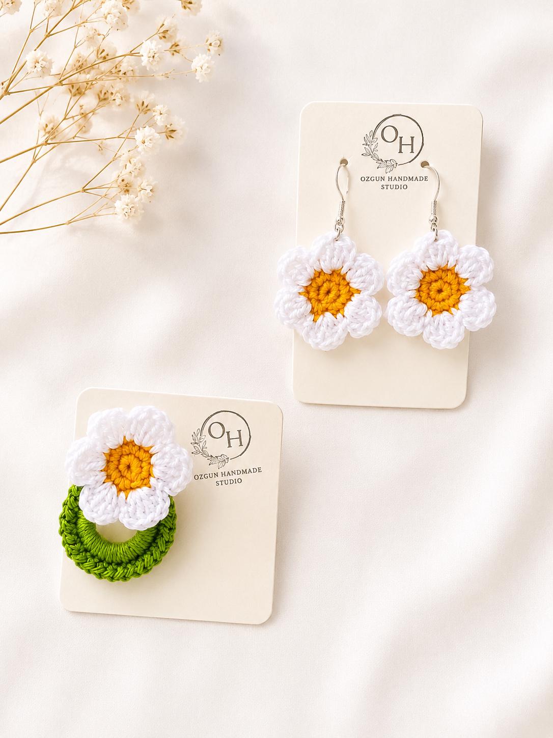 Daisy Earrings, Sterling Silver Hooks, Crochet Handmade Floral Jewellery, Brooch Set Option __etsy:8102538775