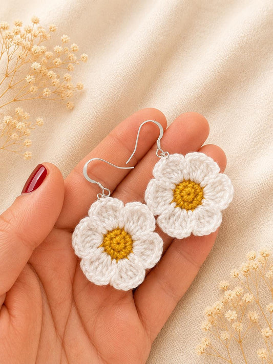 Daisy Earrings, Sterling Silver Hooks, Crochet Handmade Floral Jewellery, Brooch Set Option __etsy:8115962641