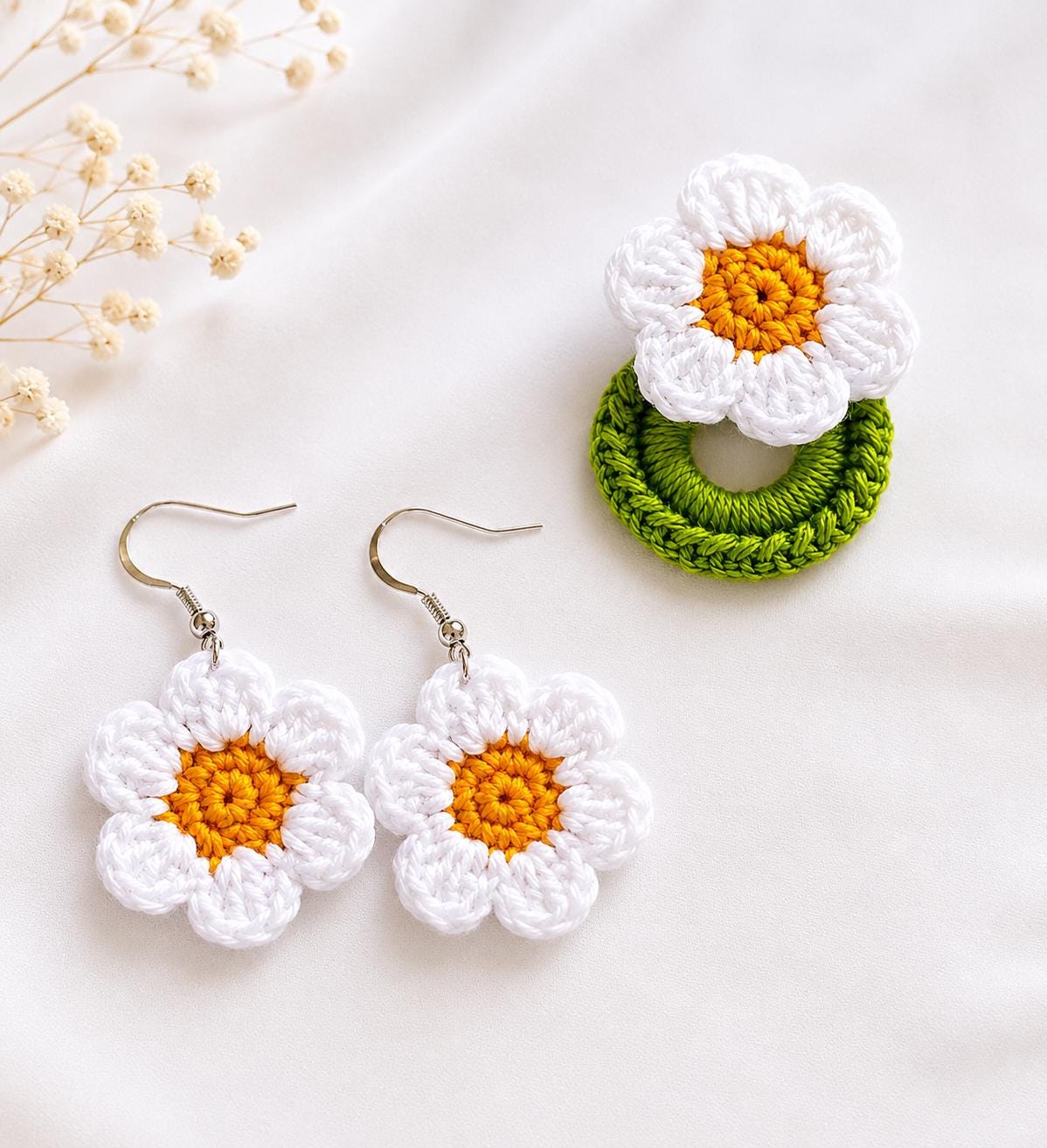Daisy Earrings, Sterling Silver Hooks, Crochet Handmade Floral Jewellery, Brooch Set Option __etsy:8054620466