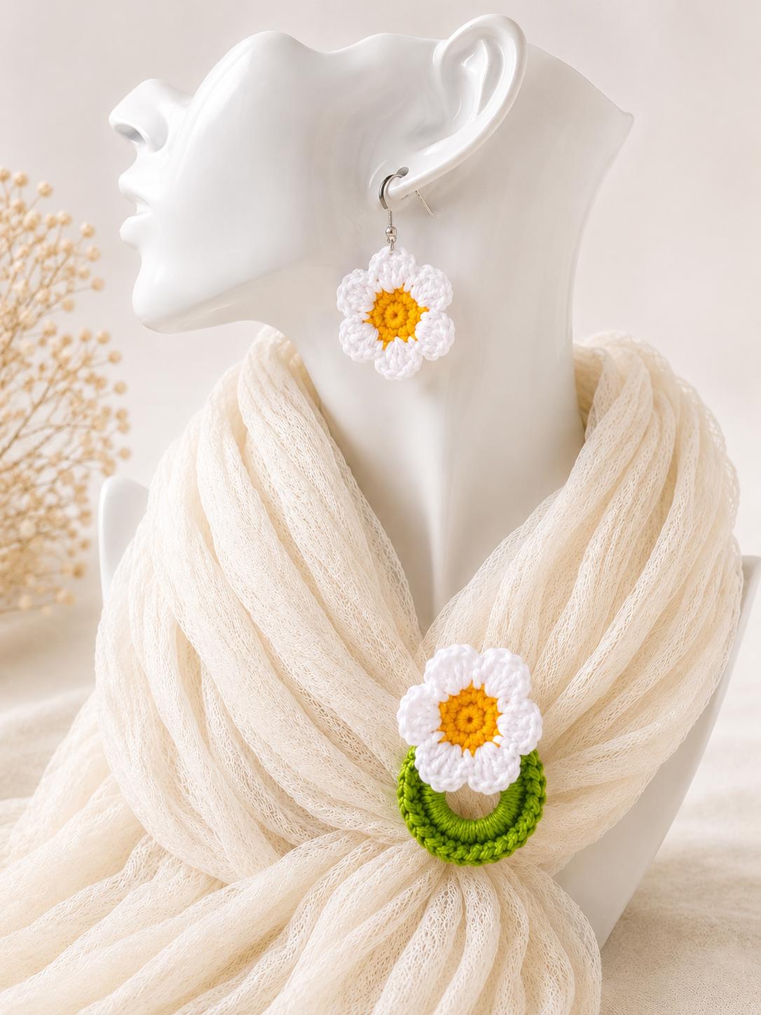 Daisy Earrings, Sterling Silver Hooks, Crochet Handmade Floral Jewellery, Brooch Set Option __etsy:8054620460