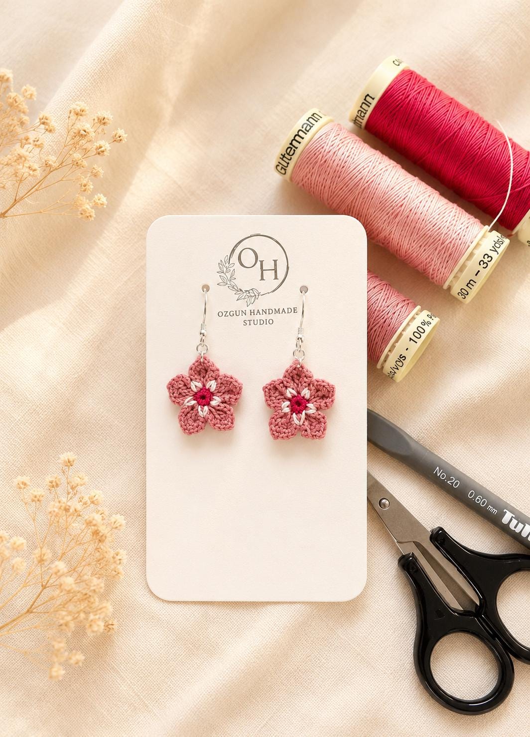 Dusty Pink Micro Crochet Flower Earrings, Sterling Silver Gold Filled Hooks, Botanical Jewelry __etsy:8074055190