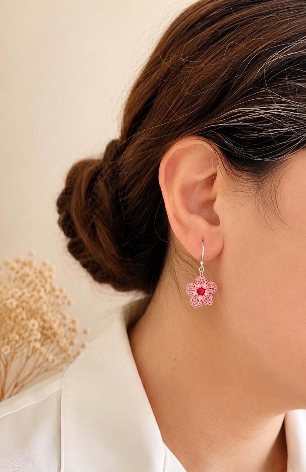 Dusty Pink Micro Crochet Flower Earrings, Sterling Silver Gold Filled Hooks, Botanical Jewelry __etsy:8074055042