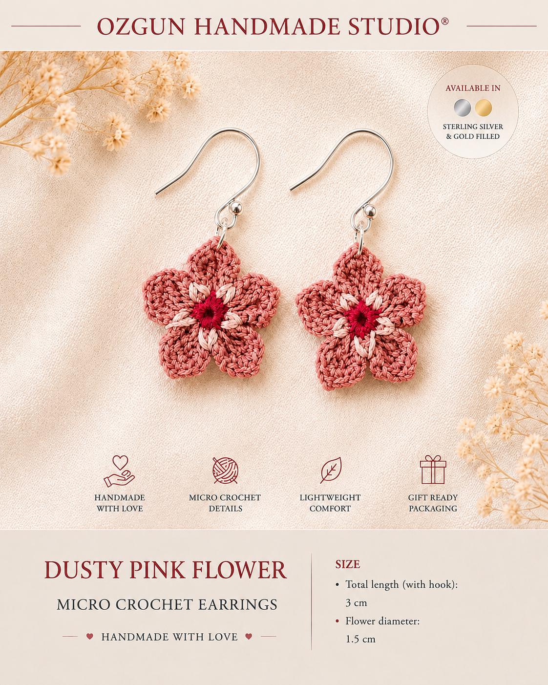 Dusty Pink Micro Crochet Flower Earrings, Sterling Silver Gold Filled Hooks, Botanical Jewelry __etsy:8122554757