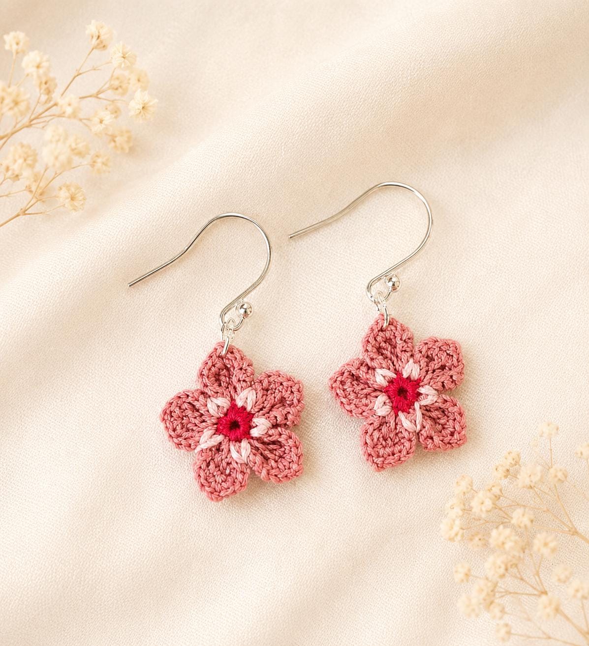 Dusty Pink Micro Crochet Flower Earrings, Sterling Silver Gold Filled Hooks, Botanical Jewelry __etsy:8121983107