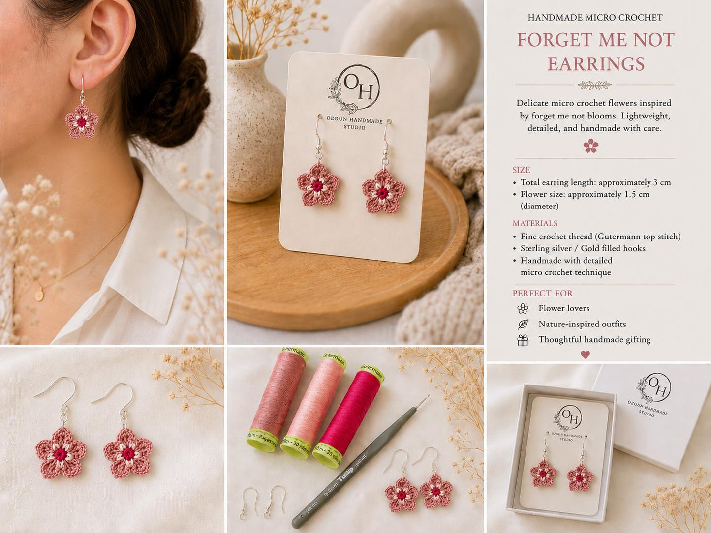 Dusty Pink Micro Crochet Flower Earrings, Sterling Silver Gold Filled Hooks, Botanical Jewelry __etsy:8048179814