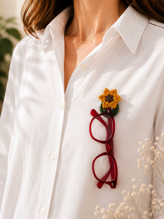 Crochet Sunflower Glasses Holder Brooch, Handmade Floral Eyeglass Accessory