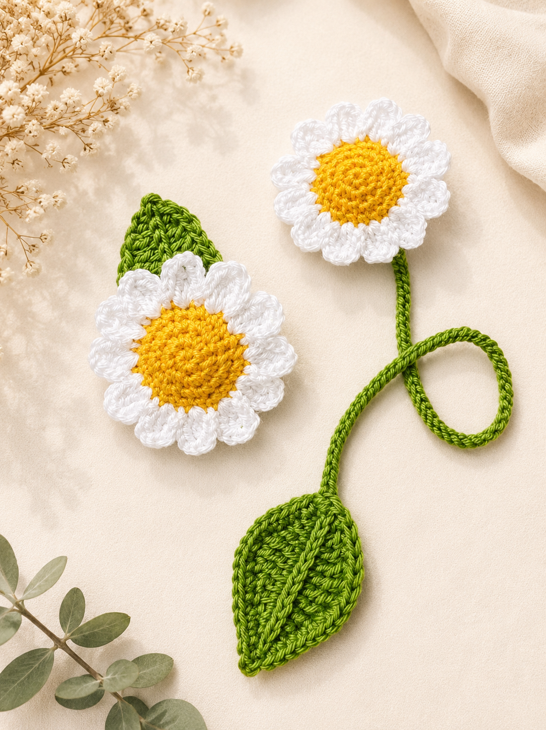 Daisy Crochet Brooch + Bookmark Set – Handmade Floral Gift, Nature Inspired, UK Made