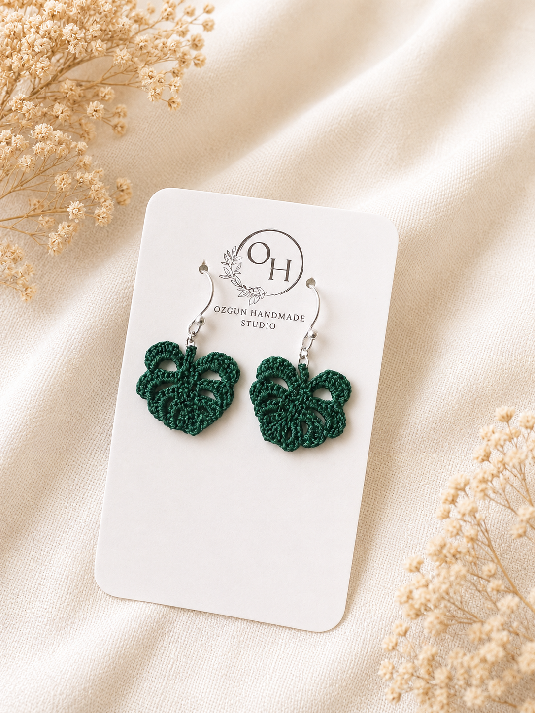 Monstera Leaf Micro Crochet Earrings – Botanical Crochet Jewellery – Sterling Silver Hooks