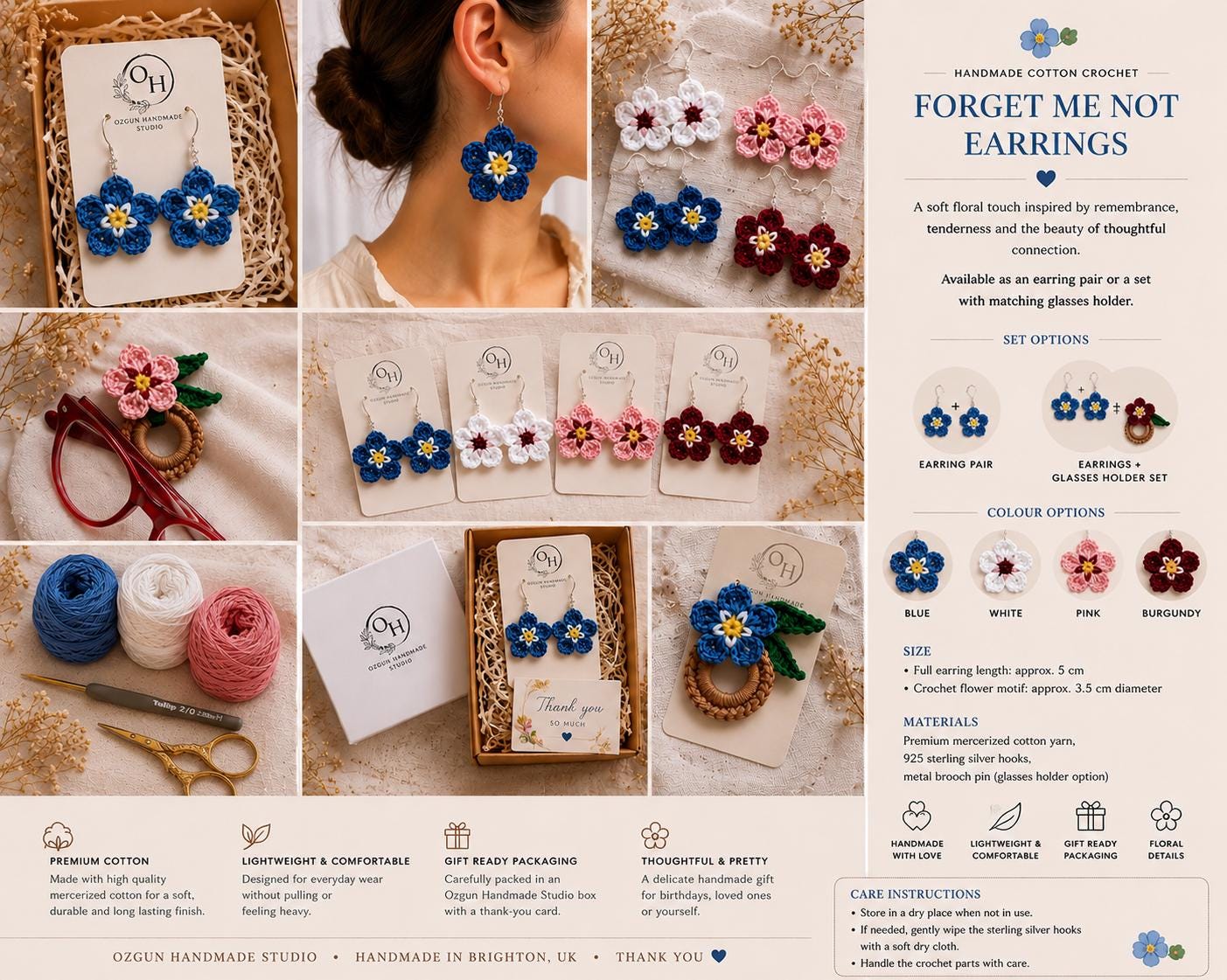 Forget Me Not Flower Crochet Earrings, Sterling Silver Hooks, Glasses Holder Set __etsy:8048711516