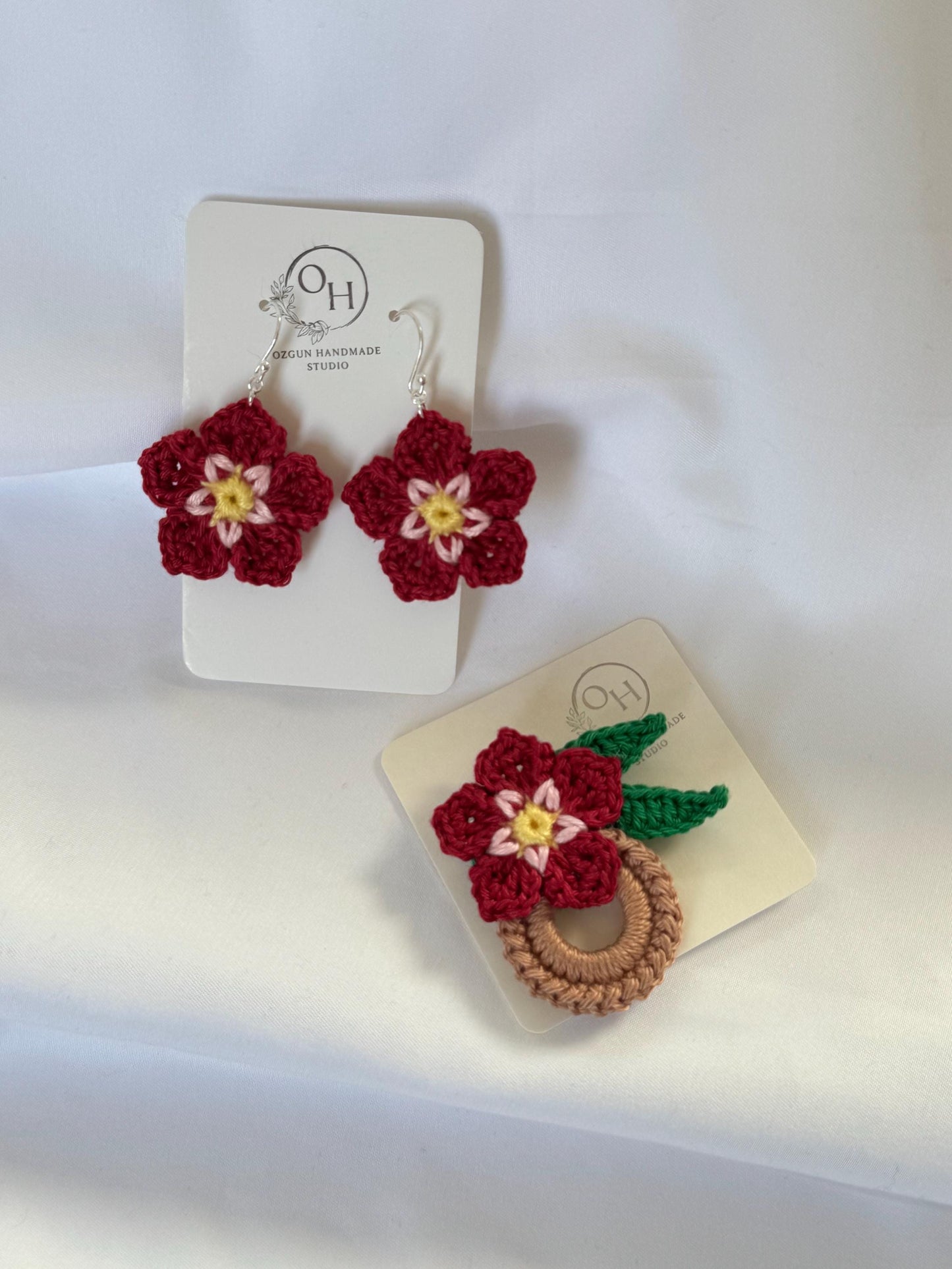 Forget Me Not Flower Crochet Earrings, Sterling Silver Hooks, Glasses Holder Set __etsy:7965439512