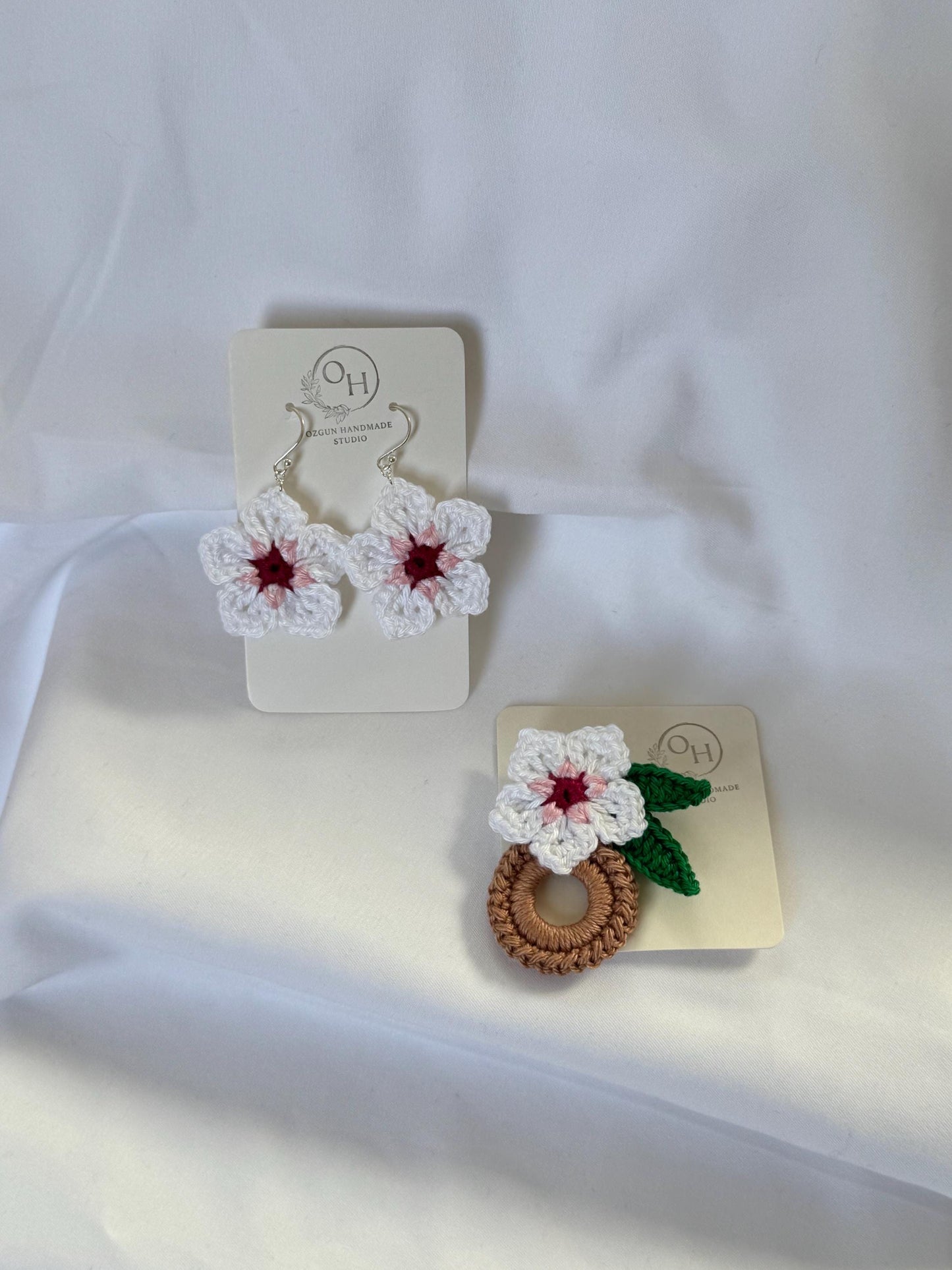 Forget Me Not Flower Crochet Earrings, Sterling Silver Hooks, Glasses Holder Set __etsy:8013394953